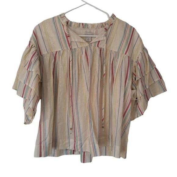 Peyton & Parker Tops - Peyton &‎ Parker Women’s Tunic Short Ruffled Sleeve Blouse Beige Stripes Size M
